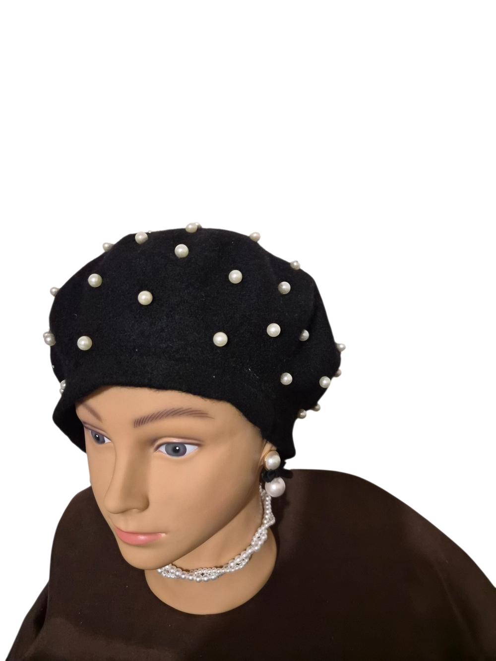 Black Pearl-Embellished Wool Beret - Women Accessories